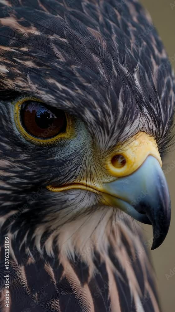 Falcon close-up displaying intense gaze against blurred backdrop Falcon close-up displaying intense gaze against blurred backdrop