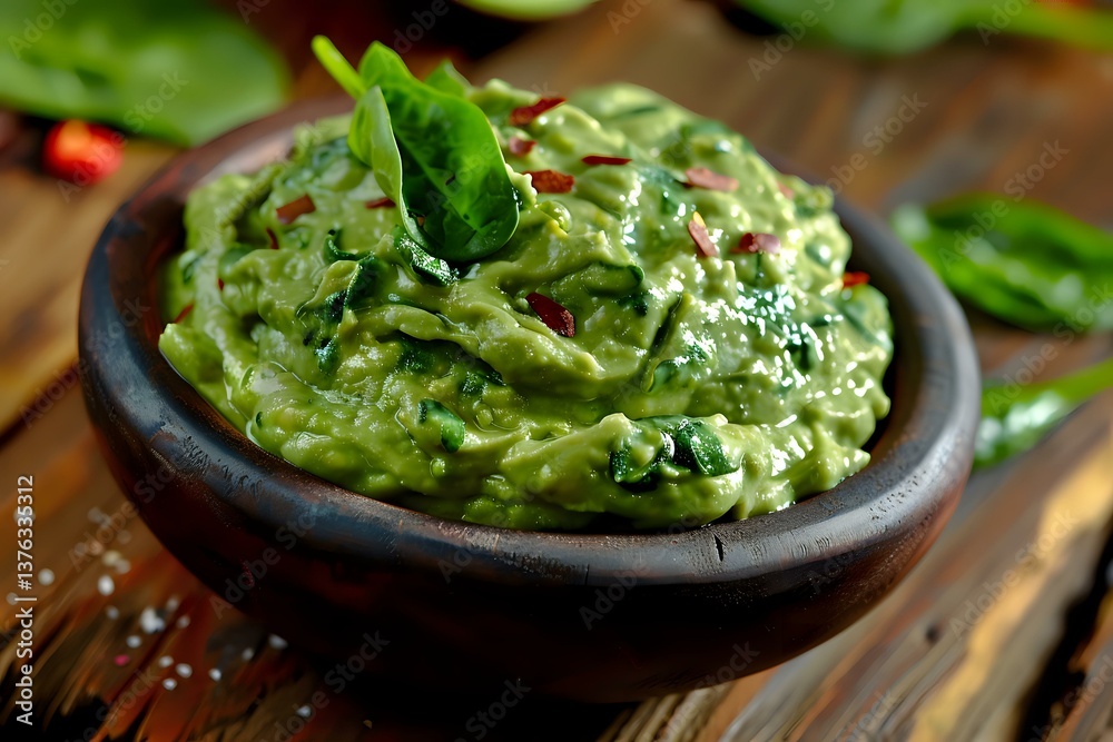 Fresh guacamole dip with mashed avocado, lime juice, cilantro and chili peppers served in rustic clay bowl on wooden table, garnished with spinach leaves. Fresh guacamole dip with mashed avocado, lime juice, cilantro and chili peppers served in rustic clay bowl on wooden table, garnished with spinach leaves.