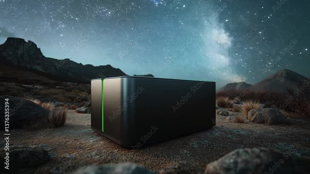 Futuristic device illuminated at night against a starry sky Futuristic device illuminated at night against a starry sky