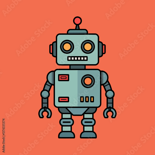 Retro Cartoon Robot Character Illustration on Orange Background - Fun Toy Design
