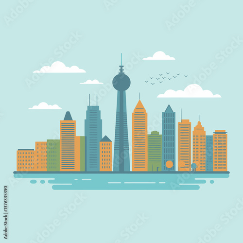 Stylized Cityscape Vector Illustration with Tower, Skyscrapers and Cloudy Sky in Blue, Green and Orange