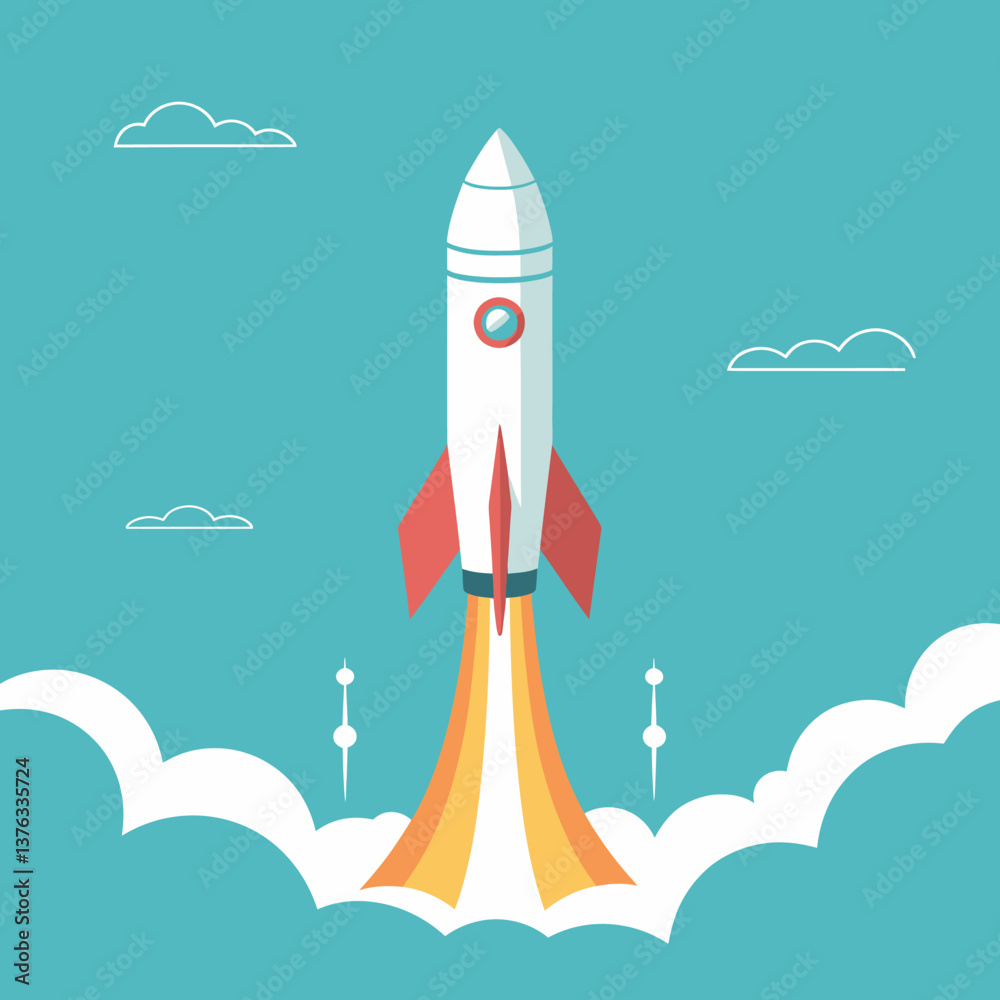 Obraz premium Stylized Rocket Launching into Sky - Innovation, Space Exploration, Technology Concept