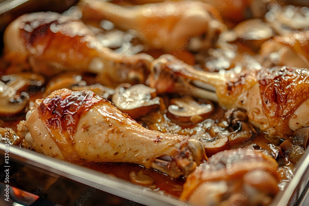 Roasted chicken drumsticks with mushrooms in honey-soy glaze on baking sheet, close up view showing caramelized skin and savory sauce. Food photography. Roasted chicken drumsticks with mushrooms in honey-soy glaze on baking sheet, close up view showing caramelized skin and savory sauce. Food photography.