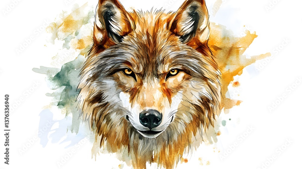 Fototapeta premium Detailed Wolf Head Digital Watercolor Clipart Illustration
