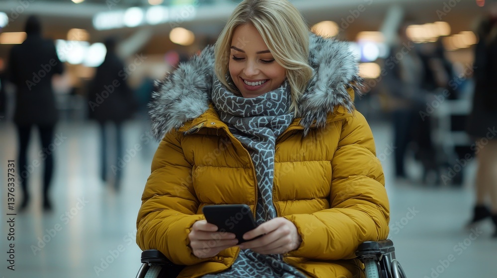 Smiling blonde woman in wheelchair using smartphone in an airport terminal