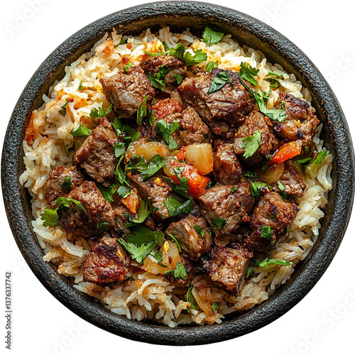 Top view of a delicious looking lahem bil ajeen on a dark stone dish isolated on a white transparent background photo