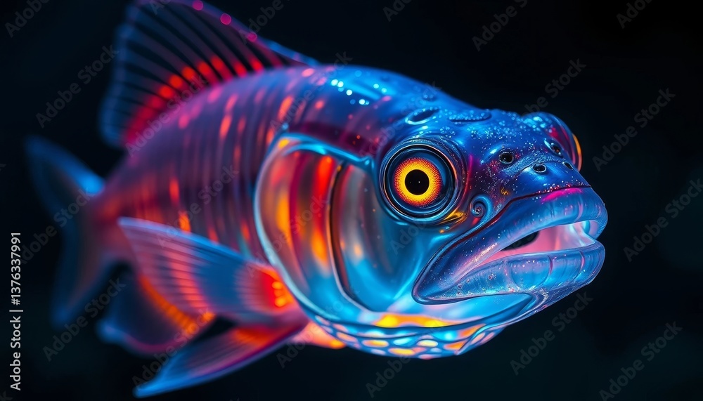 Luminous Aquatic Creature with Vibrant Scales and Glowing Eyes in a Dark Setting Luminous Aquatic Creature with Vibrant Scales and Glowing Eyes in a Dark Setting