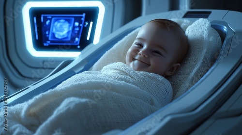 Obraz na płótnie Future wellness baby in futuristic neonatal care unit with monitoring screen w salonie