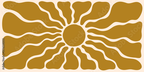 Groovy sun with wavy rays, Abstract retro pattern, Summer sun horizontal background