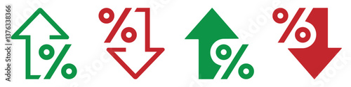 Percentage growth and decline icons set with up and down arrows. Flat and line style symbols for financial, business, and statistical analysis. Perfect for reports and dashboards.