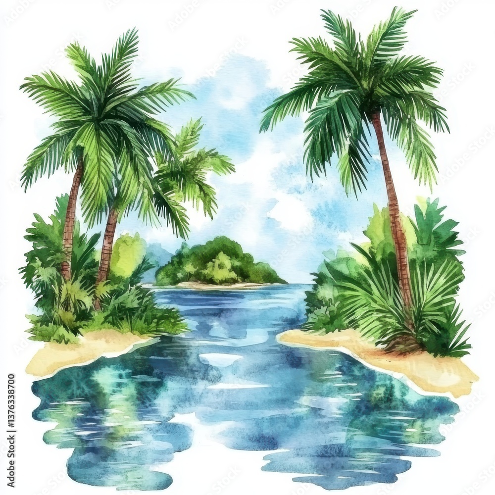Fototapeta premium Watercolor island with river and palms illustration.