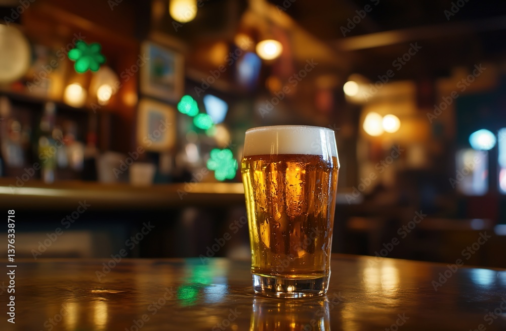 A realistic bar scene with a glass of golden beer topped with white foam, placed on a wooden bar counter, a blurred bar background with beer taps and bottles A realistic bar scene with a glass of golden beer topped with white foam, placed on a wooden bar counter, a blurred bar background with beer taps and bottles