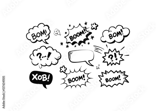 Set of Black and White Comic Book Speech Bubbles