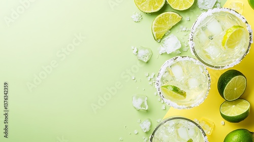 A festive National Margarita Day scene with margarita glasses, lime wedges, and salt on a soft green and yellow background
