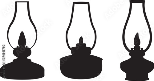 Vintage oil lamps silhouettes, black and white illustration, minimalist design, three identical lamps, antique lighting, simplified shapes, kerosene lanterns, nostalgic household items