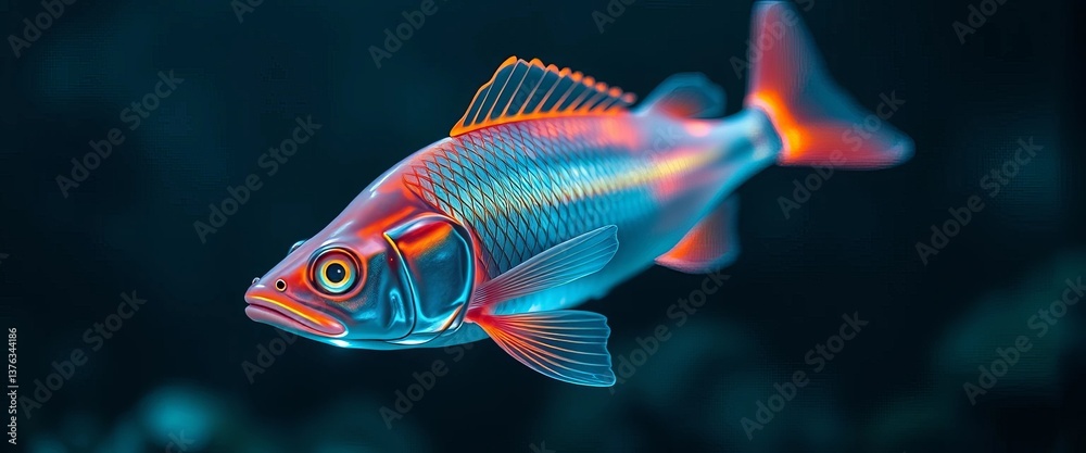 Fototapeta premium Vibrant Aquatic Creature with Iridescent Scales and Fins Swimming in Dark Water