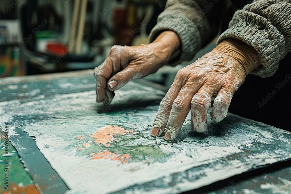 Elderly hands covered in paint creating an artwork piece Elderly hands covered in paint creating an artwork piece