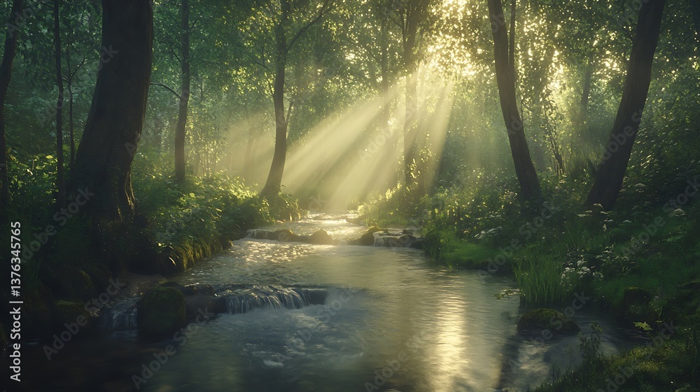 Fototapeta premium a calm and inviting view of a winding stream running through a forest highlighting soft beams of sun filtering through leaves and crafting a captivating show on water’s peaceful face 