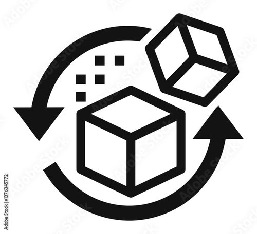 icon of sugar cubes with arrows and granules, symbolizing transformation or processing.