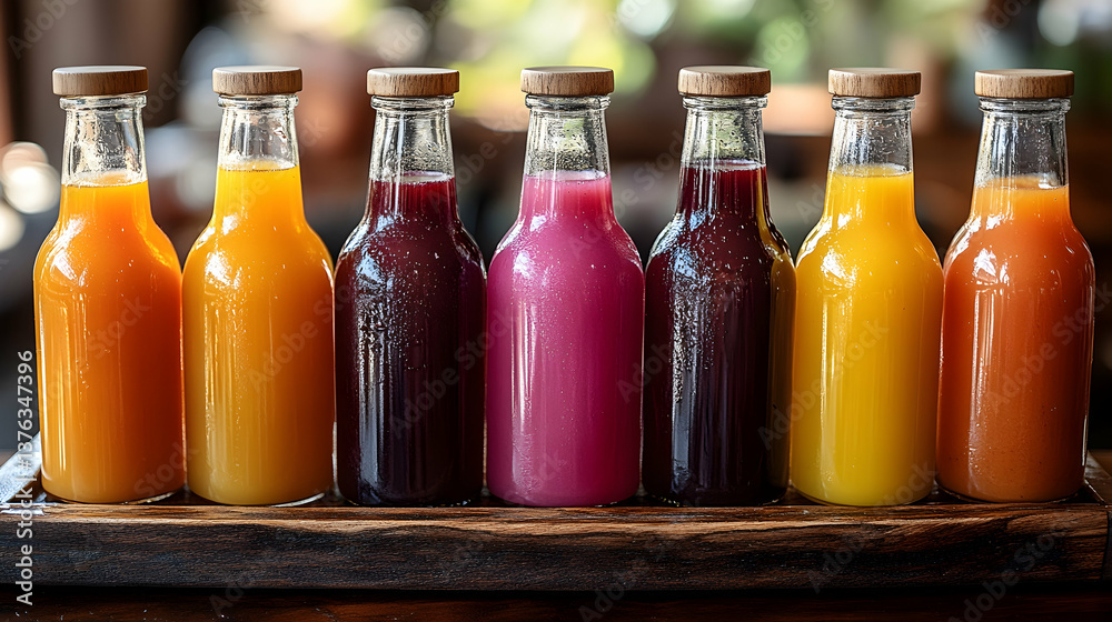 A clear view of clean, transparent glass bottles filled with freshly made juices arranged on a wooden tray, promoting freshness and hygiene A clear view of clean, transparent glass bottles filled with freshly made juices arranged on a wooden tray, promoting freshness and hygiene