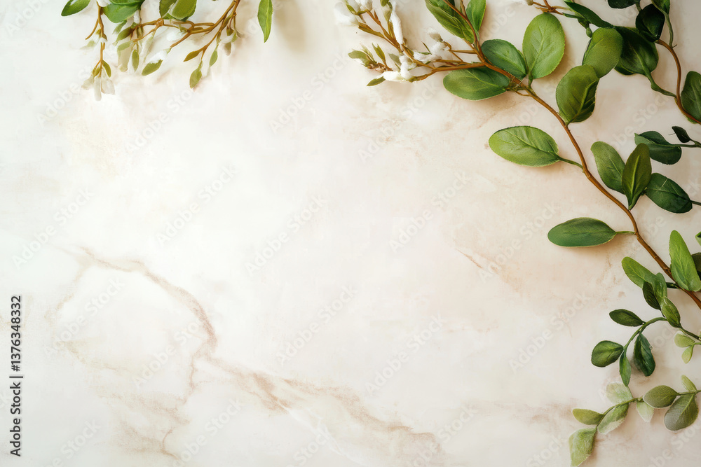 Elegant greenery sprigs on a marble surface with subtle light and delicate leaves for a natural, minimalist design Elegant greenery sprigs on a marble surface with subtle light and delicate leaves for a natural, minimalist design