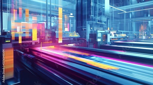 Modern printing house equipment processing colorful paper at high speed, representing advanced technology in the printing industry and efficient production of printed materials