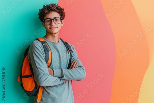 Obraz na płótnie Young boy poses confidently against colorful wall while wearing backpack in bright urban setting w salonie