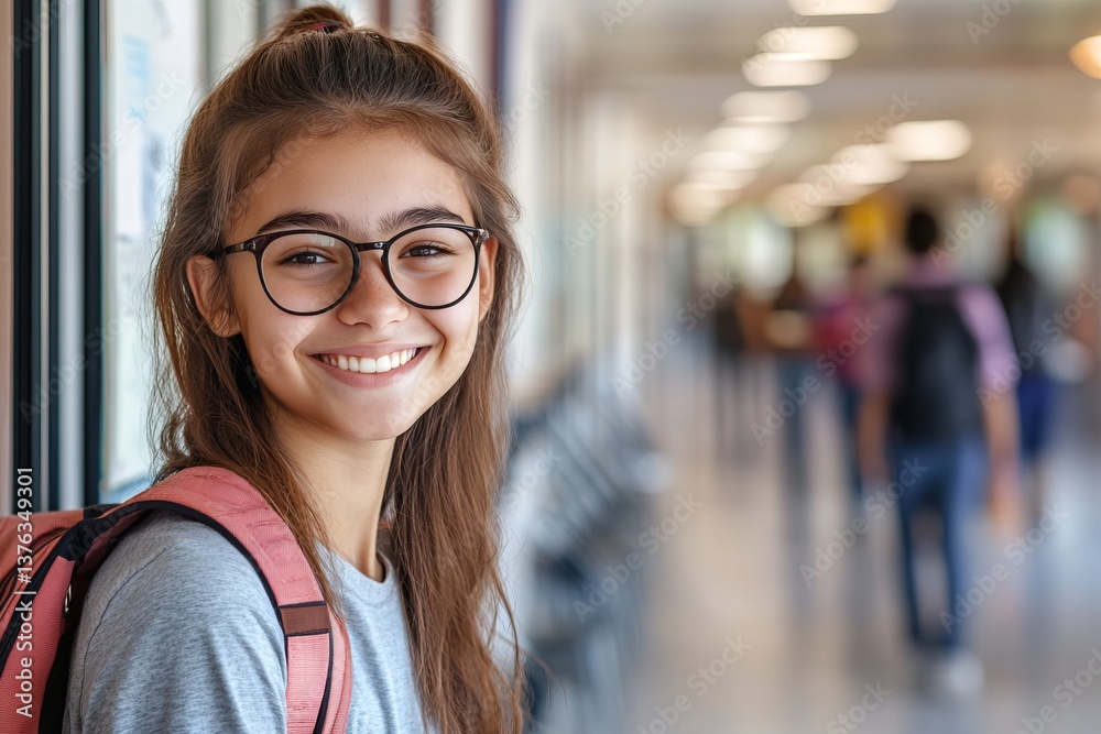 Smiling student with glasses stands in a school hallway during the day, showcasing a vibrant school environment