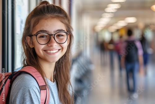Obraz na płótnie Smiling student with glasses stands in a school hallway during the day, showcasing a vibrant school environment w salonie