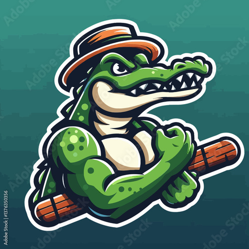 "Ilustración vectorial de un caimán caricaturesco en estilo emblema, sobre fondo blanco. Diseño vibrante y elegante para logos, estampados y proyectos infantiles. Calidad premium."
