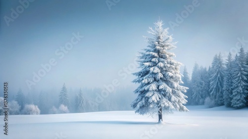 Wallpaper Mural Serene Winter Landscape A Single Snow-Covered Evergreen Stands in a Frosty Field, Backlit by a Soft, Misty Dawn. Torontodigital.ca
