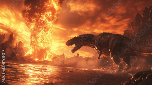 Tableau sur toile Tyrannosaurus Rex facing fiery volcanic eruption dramatic sunset prehistoric lan