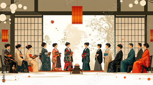 A vector illustration of a woman in a colorful furisode and crested hakama, holding a diploma and posing happily for a graduation ceremony photo