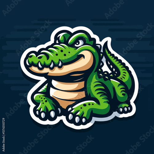 "Ilustración vectorial de un caimán caricaturesco en estilo emblema, sobre fondo blanco. Diseño vibrante y elegante para logos, estampados y proyectos infantiles. Calidad premium."