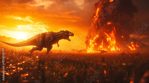 Photos Tyrannosaurus Rex faces fiery extinction event at sunset dramatic fiery landscap