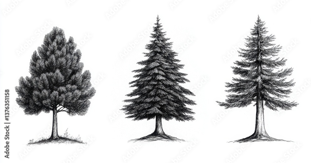 Fototapeta premium Monochrome Trees Illustration Set Featuring Round Triangular and Tiered Shapes