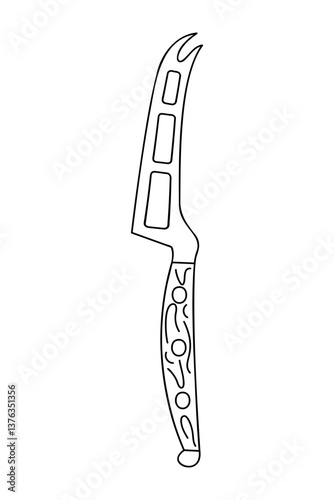 Knife with holes for soft cheese. Hand drawn black outline clipart for your projects.