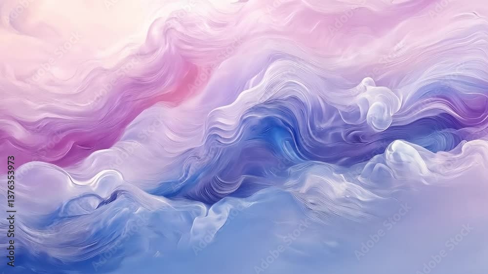 Abstract Swirling Colors in Soft Pastel Tones Creating a Dreamlike Landscape of Gentle Mountains and Sky Reflections for Peaceful Imagery