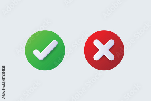 Check mark icon illustrate with right or wrong icons, green tick and red cross checkmarks, yes or no sign, true or false icon and approved or rejected icon. Flat vector illustration.