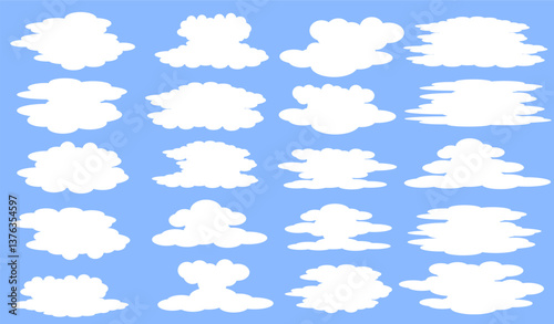 20 imaginary images of stratus clouds, cumulus, thick clouds, cartoons, anime, comic clouds in blue background