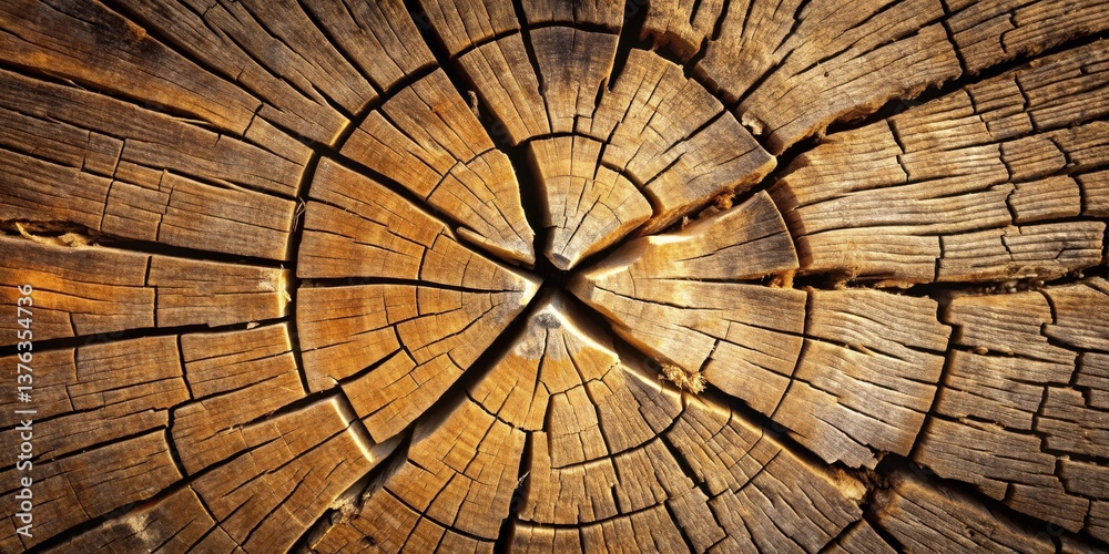 Fototapeta premium Detailed Cross-Section of Aged Wooden Trunk Revealing Intricate Grain Patterns and Natural Cracks