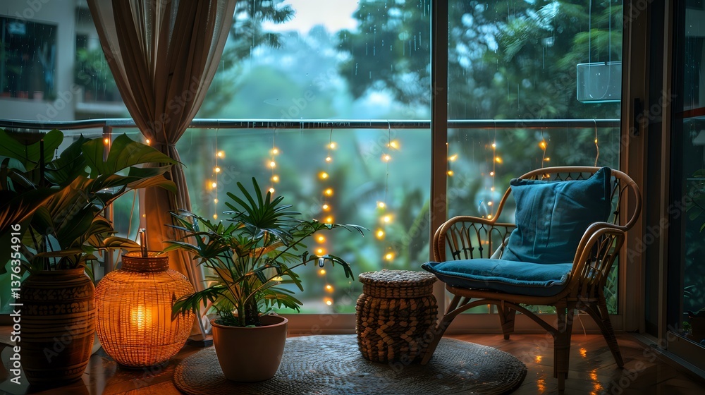 Cozy corner with rattan chair, glowing lantern, potted plants and string lights creating warm atmosphere by window during blue hour evening. Cozy corner with rattan chair, glowing lantern, potted plants and string lights creating warm atmosphere by window during blue hour evening.