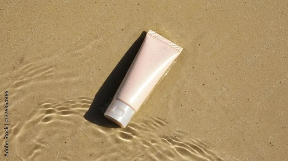 Submerged Cream Tube Lying on Sandy Beach with Water Reflection Submerged Cream Tube Lying on Sandy Beach with Water Reflection