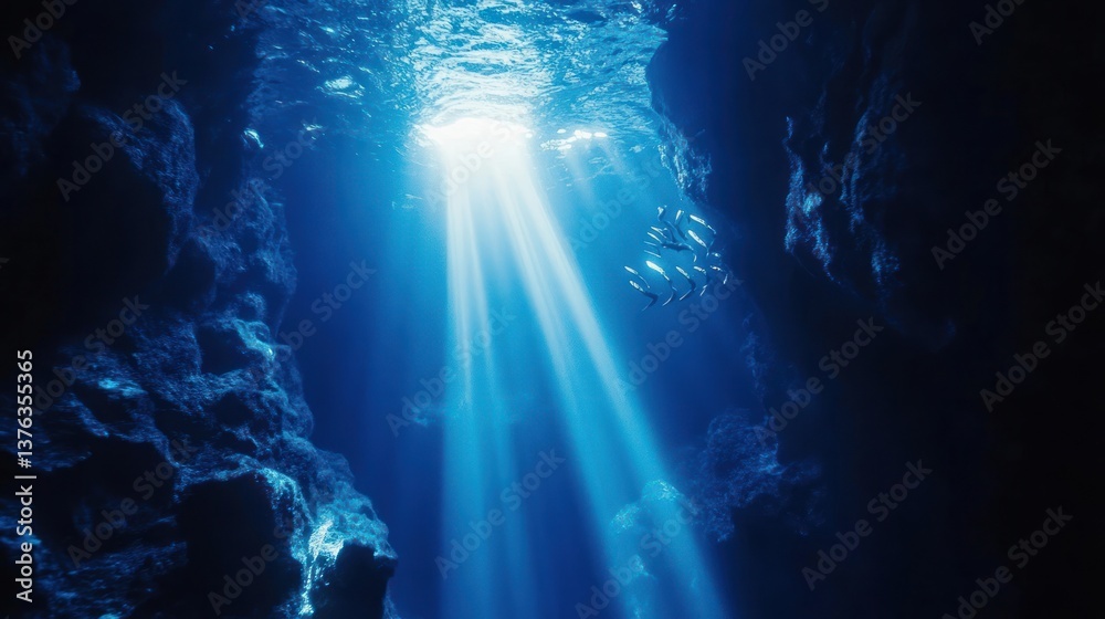 Sunlight shining down through a cavern in the ocean water Sunlight shining down through a cavern in the ocean water