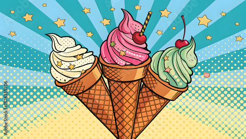 A pop art retro stock illustration with ice cream cones in a comic book style imitation