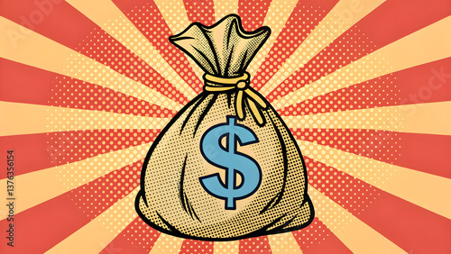 A pop art retro stock illustration with money bag with dollar sign in a comic book style imitation