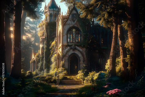 AI generated artwork of a large elfish castle in the forest. Fairy-tale castle