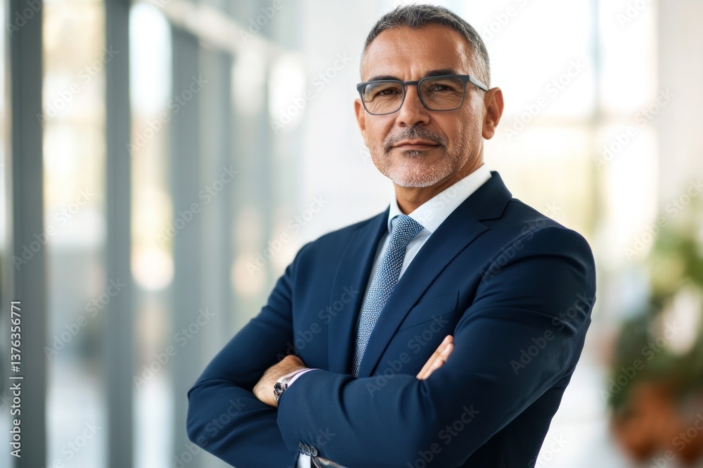 confident middle aged latinx businessman with crossed arms in modern office corridor. professional leadership and success. business attire, corporate career, presentation banner confident middle aged latinx businessman with crossed arms in modern office corridor. professional leadership and success. business attire, corporate career, presentation banner