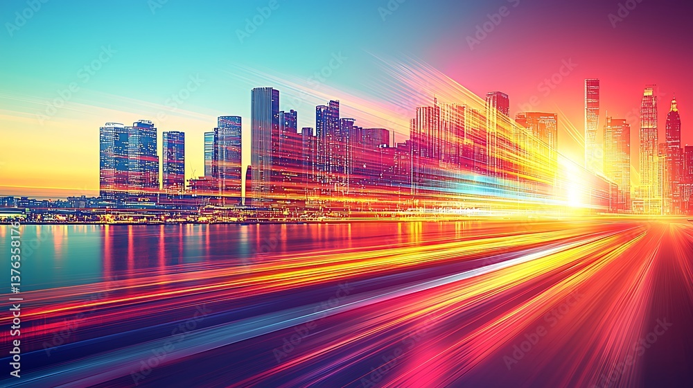 Obraz premium City skyline lights up with streaks of motion, waterfront, sunrise, for technology