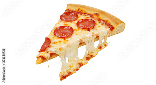 A single slice of pepperoni pizza with melted cheese on a black background isolated shot